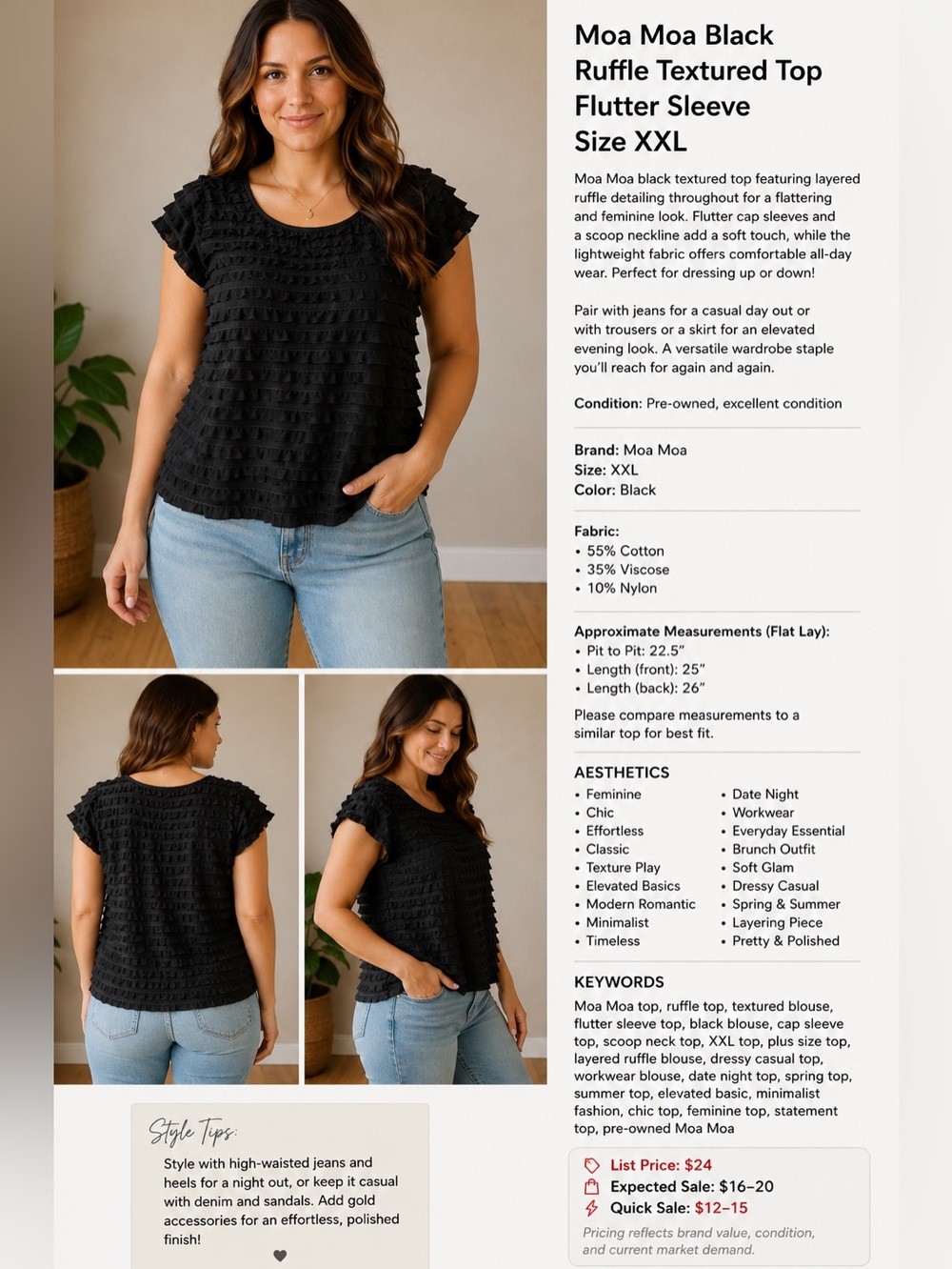 Moa Moa Black Layered Ruffle Short Sleeve Top